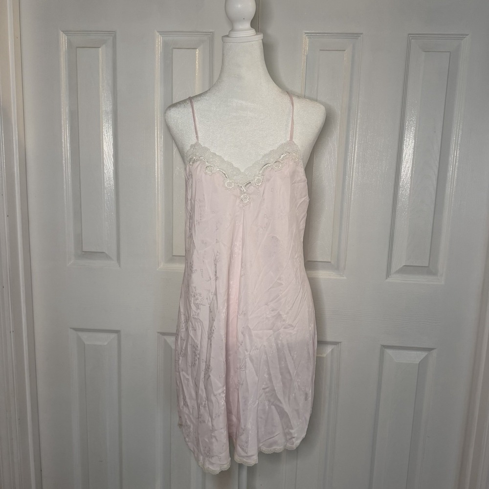 VTG Christian Dior Pale Pink Lace Eyelet Satin Women's Nightgown M Logo USA